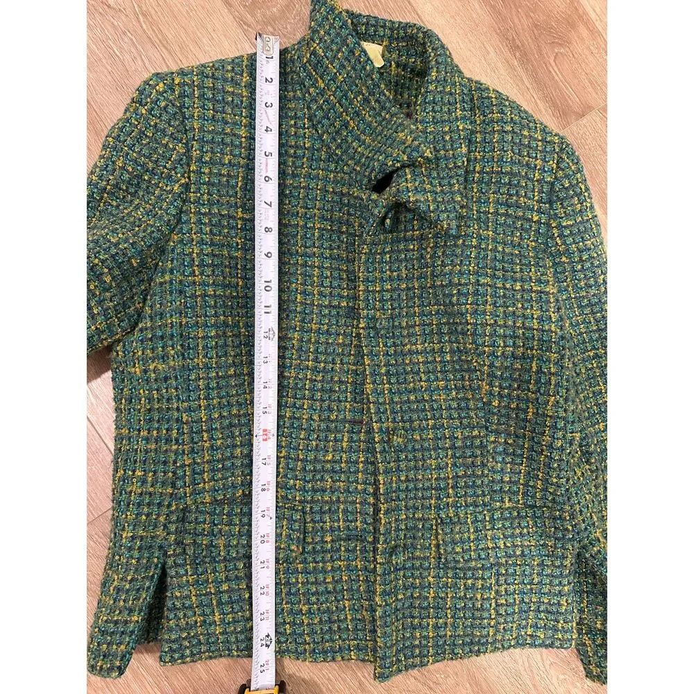 Vintage 90s Esprit Green Yellow Tweed Blazer Mini Skirt Suit Set Size 5/6 Small